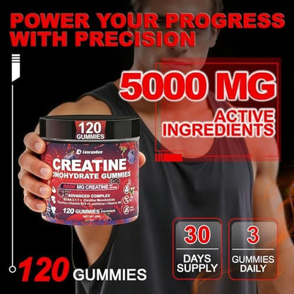 Creatin Monohydrat Gummis für Männer & Frauen mit L-Carnitin & Taurin – Zuckerfreie, vegane, kaubare Gummis im Beerengeschmack – 120 Stück – Pre-Workout für Muskelkraft & Energie
