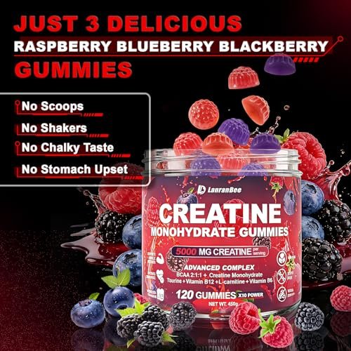 Creatin Monohydrat Gummis für Männer & Frauen mit L-Carnitin & Taurin – Zuckerfreie, vegane, kaubare Gummis im Beerengeschmack – 120 Stück – Pre-Workout für Muskelkraft & Energie
