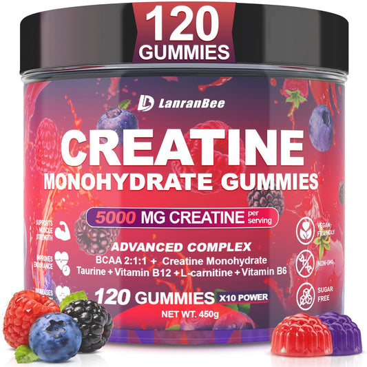 Creatin Monohydrat Gummis für Männer & Frauen mit L-Carnitin & Taurin – Zuckerfreie, vegane, kaubare Gummis im Beerengeschmack – 120 Stück – Pre-Workout für Muskelkraft & Energie