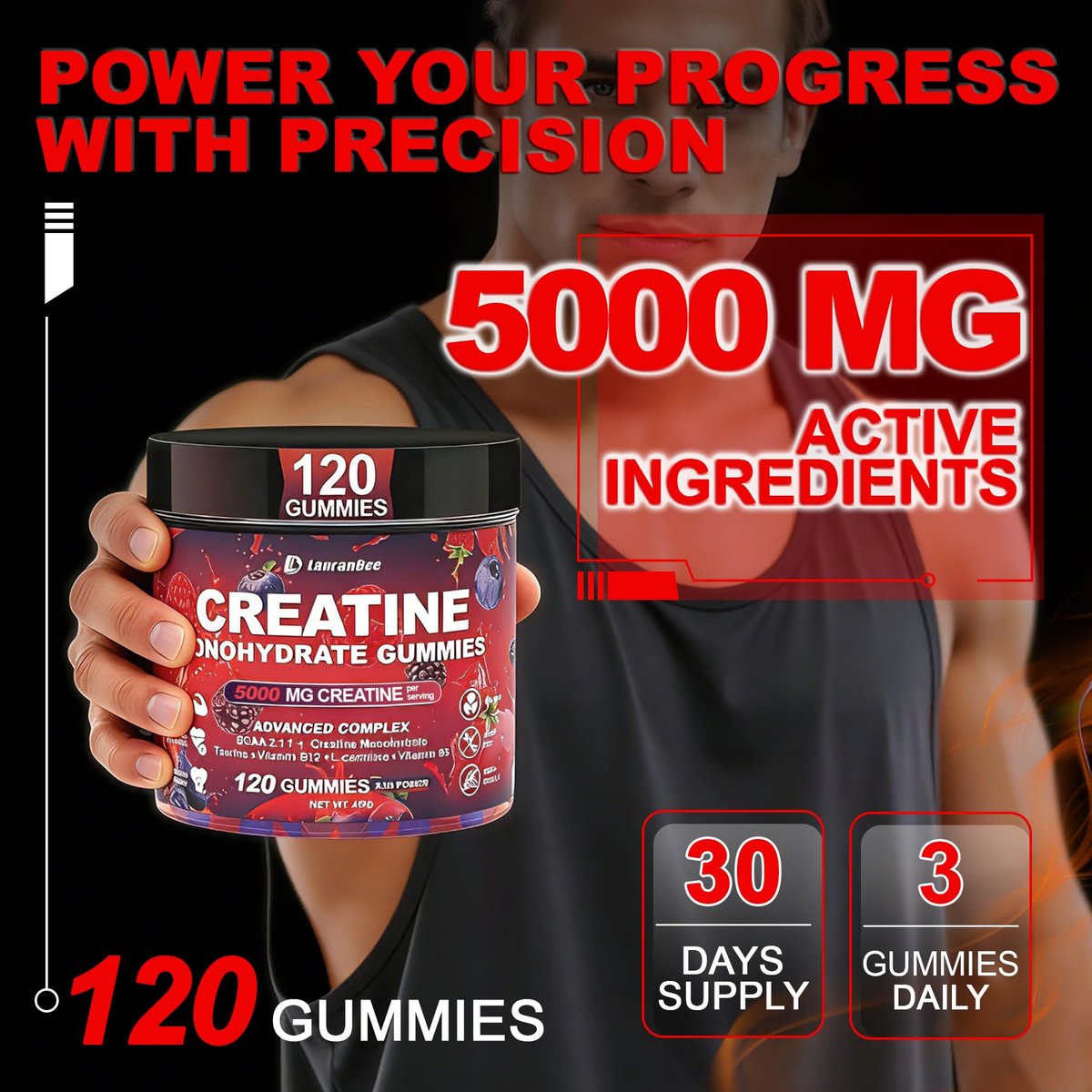 Creatin Monohydrat Gummis für Männer & Frauen mit L-Carnitin & Taurin – Zuckerfreie, vegane, kaubare Gummis im Beerengeschmack – 120 Stück – Pre-Workout für Muskelkraft & Energie