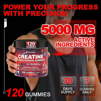 Creatin Monohydrat Gummis für Männer & Frauen mit L-Carnitin & Taurin – Zuckerfreie, vegane, kaubare Gummis im Beerengeschmack – 120 Stück – Pre-Workout für Muskelkraft & Energie