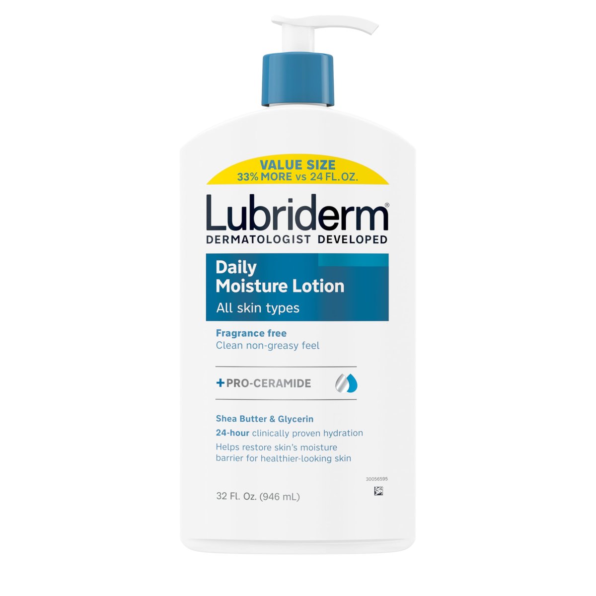 Lubriderm Daily Moisture Lotion + Pro-Ceramide mit Sheabutter & Glycerin – Feuchtigkeitsspendende Körperlotion für trockene Haut, leicht parfümiert & nicht fettend, 946 ml (32 fl. oz)