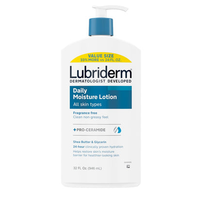 Lubriderm Daily Moisture Lotion + Pro-Ceramide mit Sheabutter & Glycerin – Feuchtigkeitsspendende Körperlotion für trockene Haut, leicht parfümiert & nicht fettend, 946 ml (32 fl. oz)