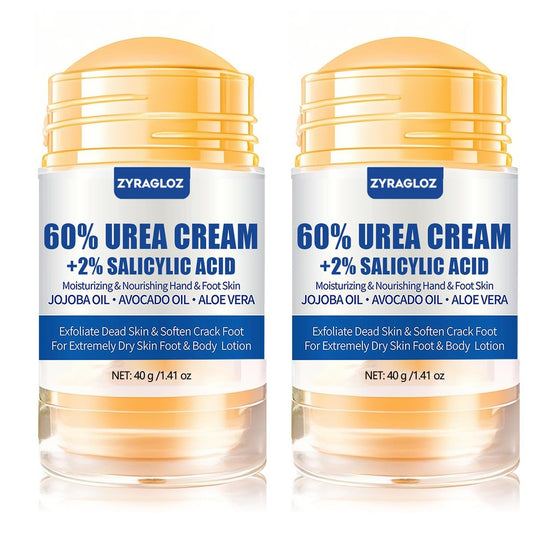 Urea-Cremestick 60% plus 2% Salicylsäure, 2 Stück Maximalstärke Urea-Creme für Füße, Fußlotion-Stick für rissige Fersen, trockene Hände & raue Knie, Hornhautentferner & Hautweichmacher
