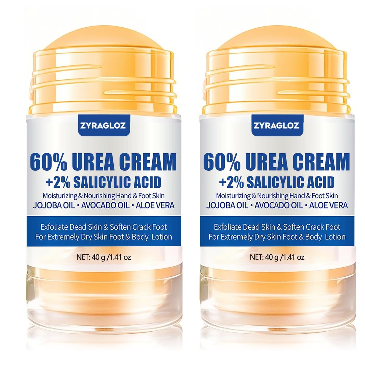 Urea-Cremestick 60% plus 2% Salicylsäure, 2 Stück Maximalstärke Urea-Creme für Füße, Fußlotion-Stick für rissige Fersen, trockene Hände & raue Knie, Hornhautentferner & Hautweichmacher