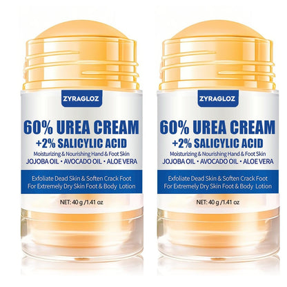 Urea-Cremestick 60% plus 2% Salicylsäure, 2 Stück Maximalstärke Urea-Creme für Füße, Fußlotion-Stick für rissige Fersen, trockene Hände & raue Knie, Hornhautentferner & Hautweichmacher