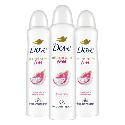 Dove Aluminiumfreies Deodorant Spray für Frauen 3er-Pack Drachenfrucht & Kokoscreme 72h Schutz 4 oz