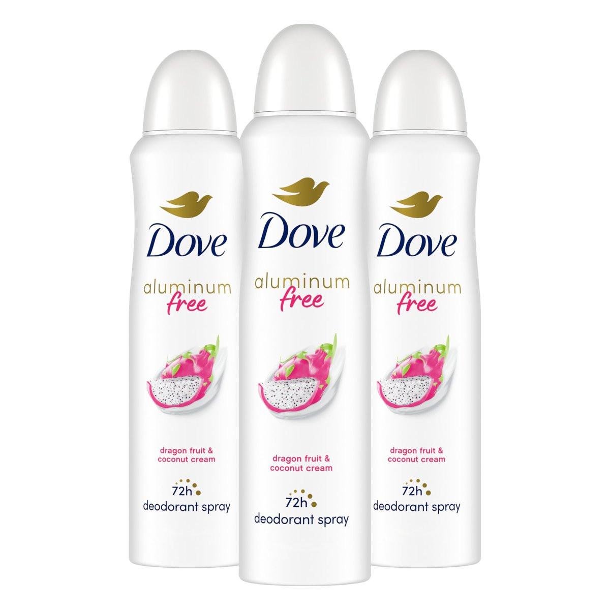 Dove Aluminiumfreies Deodorant Spray für Frauen 3er-Pack Drachenfrucht & Kokoscreme 72h Schutz 4 oz