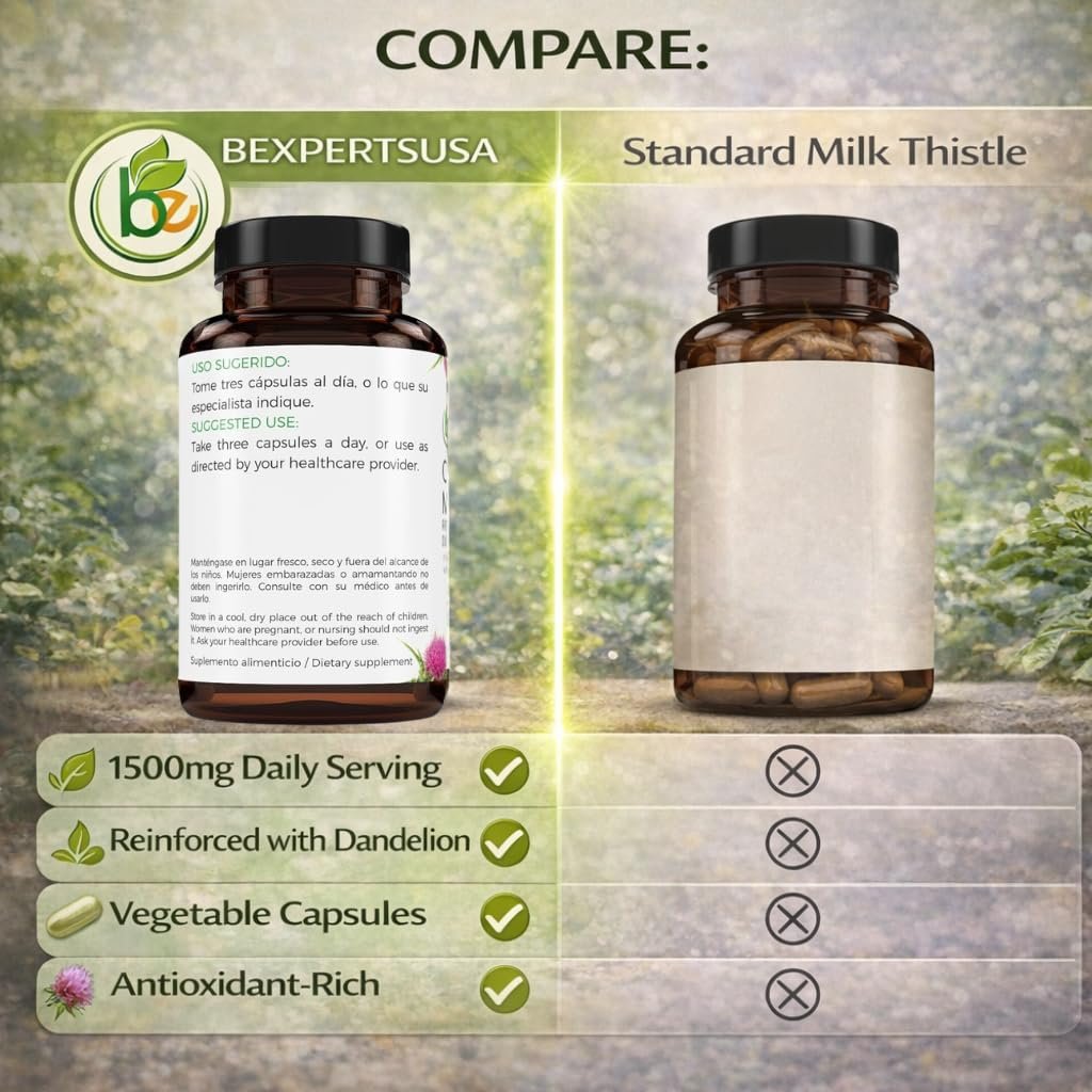 Cardo Mariano mit Löwenzahn verstärkt – 90 pflanzliche Kapseln, 1500 mg pro Portion, Leberunterstützung, Antioxidantien, 100% natürlich, von BexpertsUSA