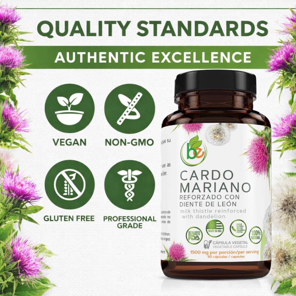 Cardo Mariano mit Löwenzahn verstärkt – 90 pflanzliche Kapseln, 1500 mg pro Portion, Leberunterstützung, Antioxidantien, 100% natürlich, von BexpertsUSA