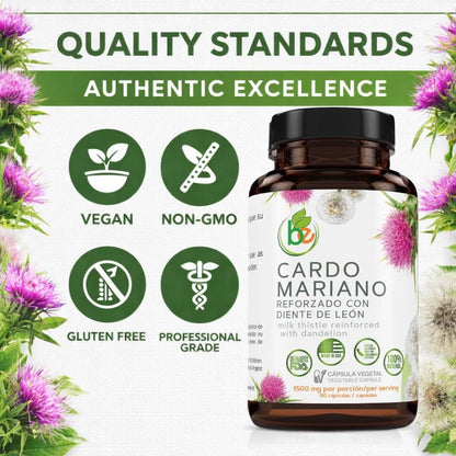 Cardo Mariano mit Löwenzahn verstärkt – 90 pflanzliche Kapseln, 1500 mg pro Portion, Leberunterstützung, Antioxidantien, 100% natürlich, von BexpertsUSA
