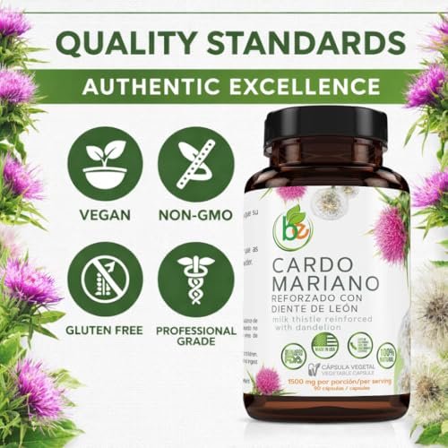Cardo Mariano mit Löwenzahn verstärkt – 90 pflanzliche Kapseln, 1500 mg pro Portion, Leberunterstützung, Antioxidantien, 100% natürlich, von BexpertsUSA