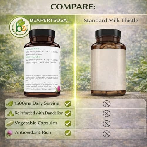 Cardo Mariano mit Löwenzahn verstärkt – 90 pflanzliche Kapseln, 1500 mg pro Portion, Leberunterstützung, Antioxidantien, 100% natürlich, von BexpertsUSA