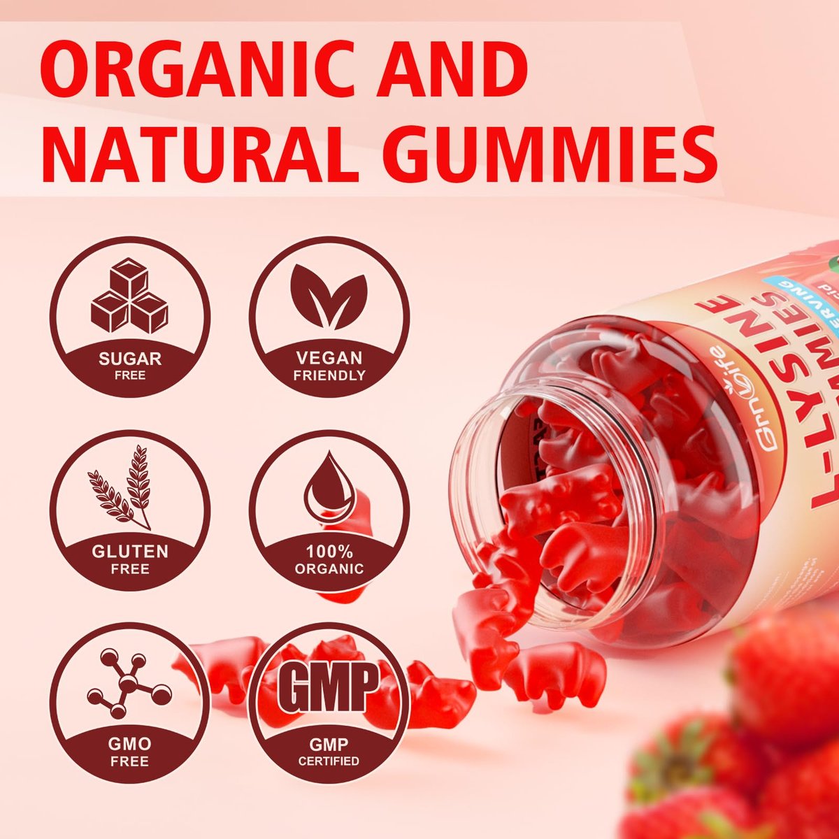 GrnLife L-Lysin 1000mg Gummis, Kaubare Lysin-Ergänzung für Erwachsene & Kinder, Essentielle Aminosäure zur Unterstützung des Immunsystems und der Kollagenbildung, Erdbeergeschmack, 60 Stück