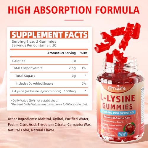 GrnLife L-Lysin 1000mg Gummis, Kaubare Lysin-Ergänzung für Erwachsene & Kinder, Essentielle Aminosäure zur Unterstützung des Immunsystems und der Kollagenbildung, Erdbeergeschmack, 60 Stück