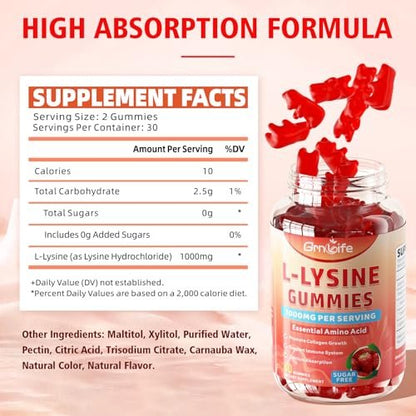 GrnLife L-Lysin 1000mg Gummis, Kaubare Lysin-Ergänzung für Erwachsene & Kinder, Essentielle Aminosäure zur Unterstützung des Immunsystems und der Kollagenbildung, Erdbeergeschmack, 60 Stück