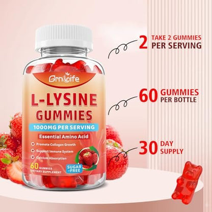 GrnLife L-Lysin 1000mg Gummis, Kaubare Lysin-Ergänzung für Erwachsene & Kinder, Essentielle Aminosäure zur Unterstützung des Immunsystems und der Kollagenbildung, Erdbeergeschmack, 60 Stück