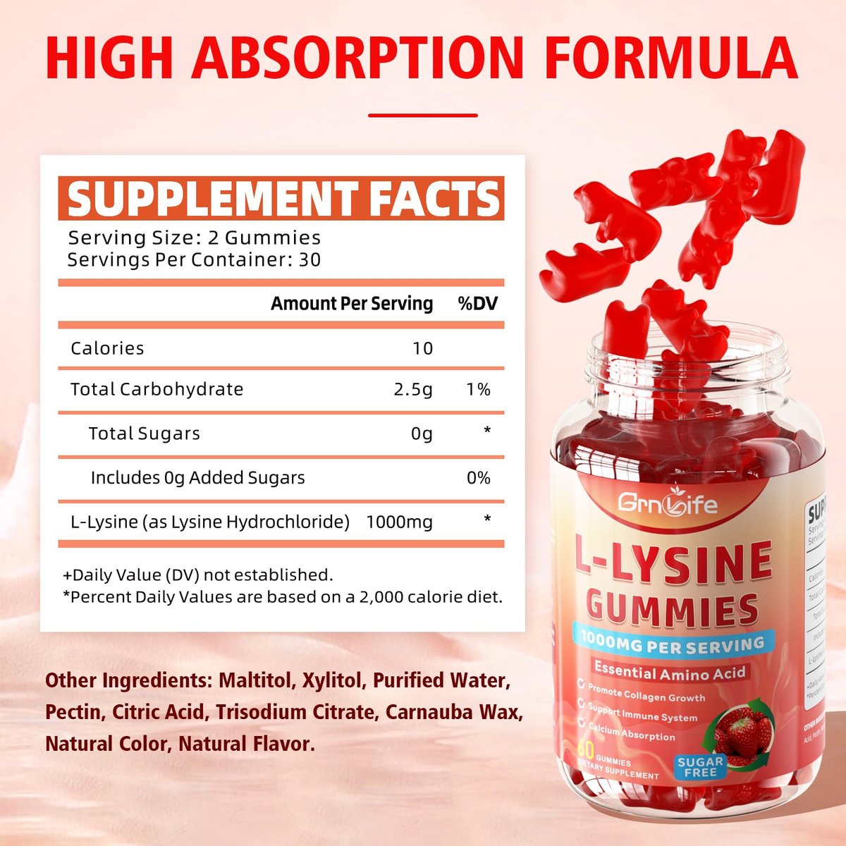 GrnLife L-Lysin 1000mg Gummis, Kaubare Lysin-Ergänzung für Erwachsene & Kinder, Essentielle Aminosäure zur Unterstützung des Immunsystems und der Kollagenbildung, Erdbeergeschmack, 60 Stück