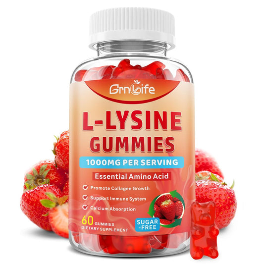 GrnLife L-Lysin 1000mg Gummis, Kaubare Lysin-Ergänzung für Erwachsene & Kinder, Essentielle Aminosäure zur Unterstützung des Immunsystems und der Kollagenbildung, Erdbeergeschmack, 60 Stück