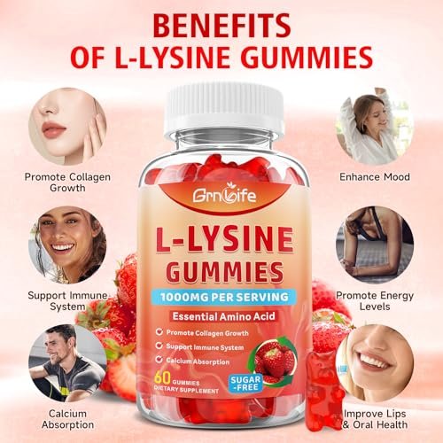 GrnLife L-Lysin 1000mg Gummis, Kaubare Lysin-Ergänzung für Erwachsene & Kinder, Essentielle Aminosäure zur Unterstützung des Immunsystems und der Kollagenbildung, Erdbeergeschmack, 60 Stück