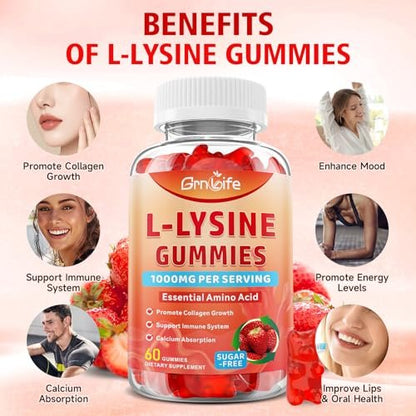 GrnLife L-Lysin 1000mg Gummis, Kaubare Lysin-Ergänzung für Erwachsene & Kinder, Essentielle Aminosäure zur Unterstützung des Immunsystems und der Kollagenbildung, Erdbeergeschmack, 60 Stück