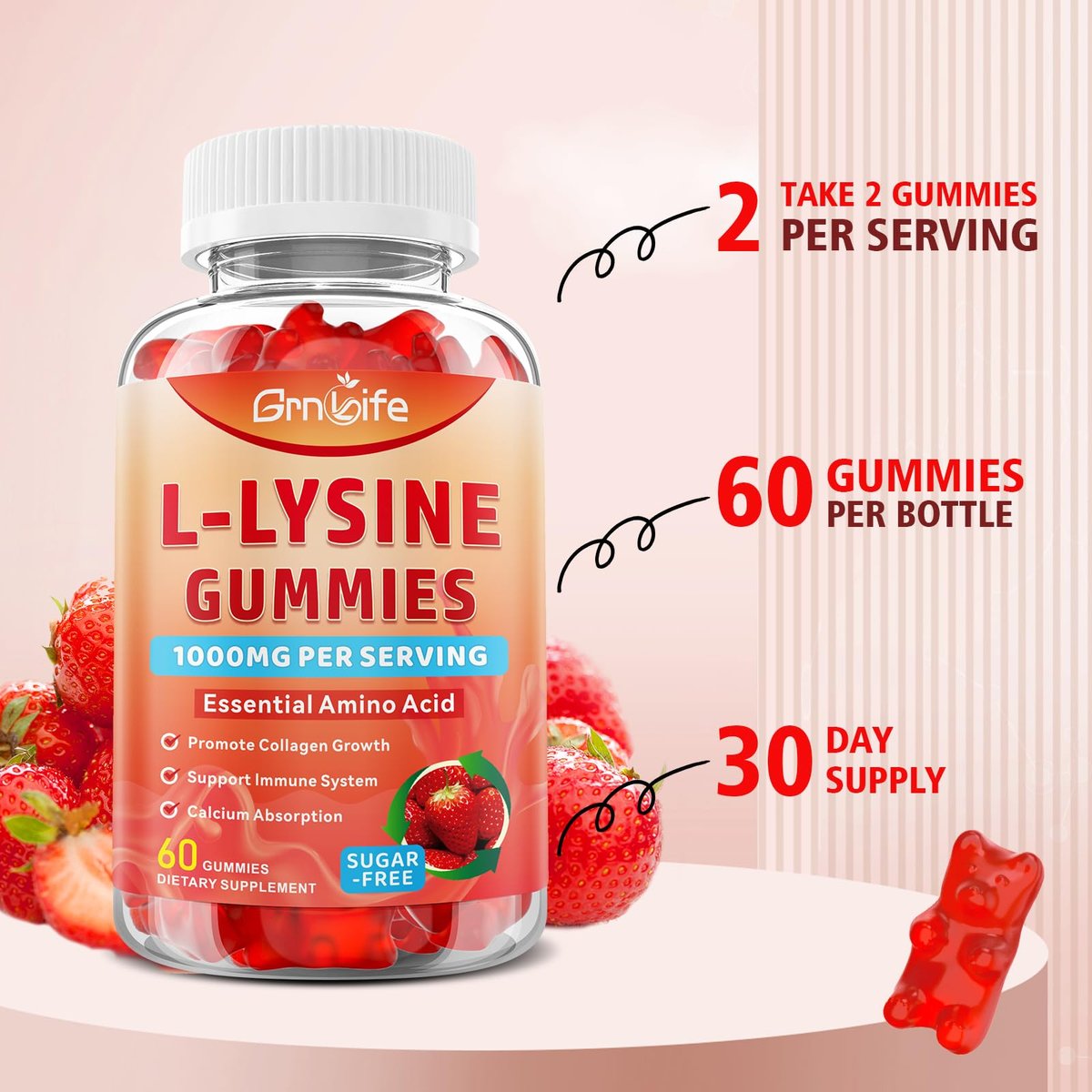 GrnLife L-Lysin 1000mg Gummis, Kaubare Lysin-Ergänzung für Erwachsene & Kinder, Essentielle Aminosäure zur Unterstützung des Immunsystems und der Kollagenbildung, Erdbeergeschmack, 60 Stück