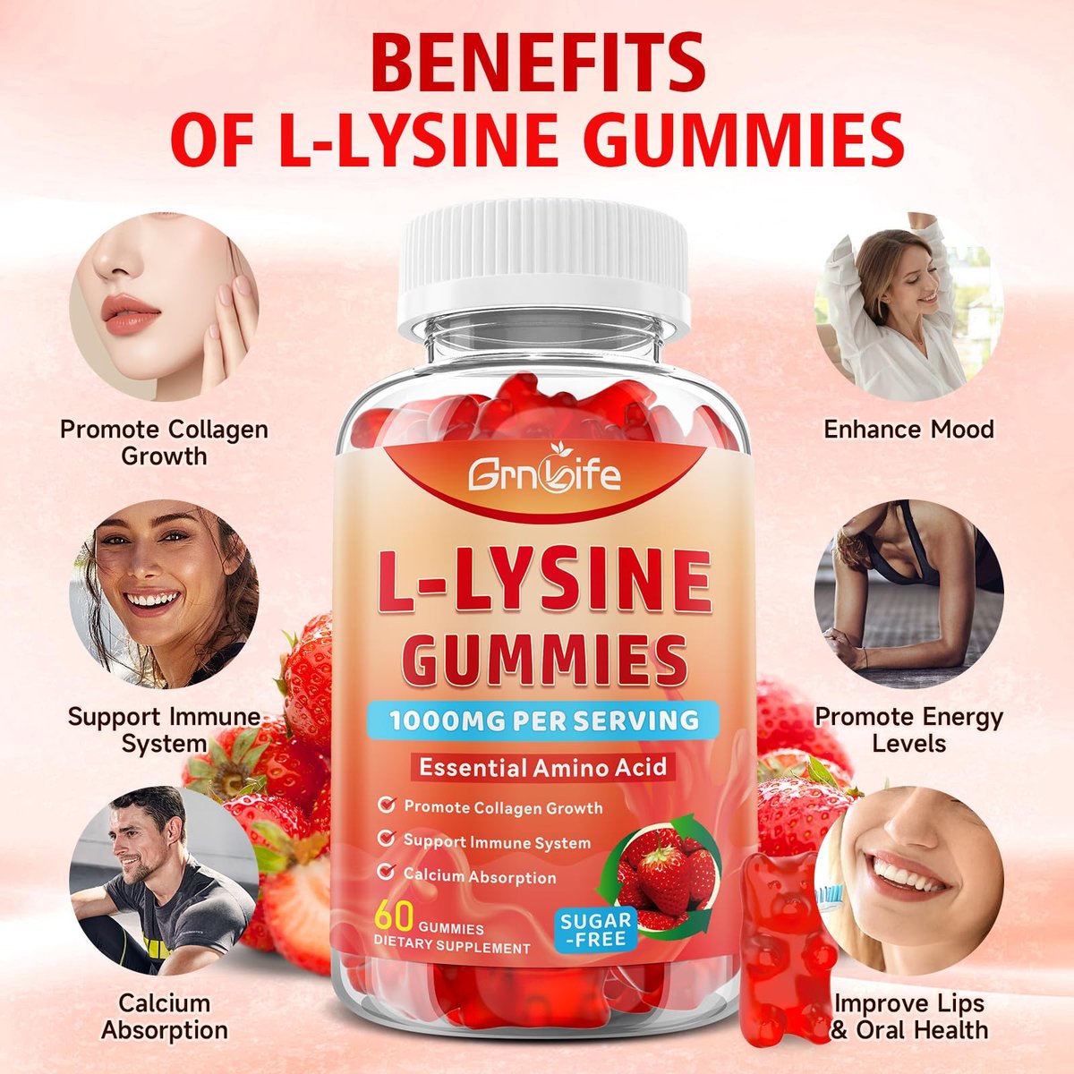 GrnLife L-Lysin 1000mg Gummis, Kaubare Lysin-Ergänzung für Erwachsene & Kinder, Essentielle Aminosäure zur Unterstützung des Immunsystems und der Kollagenbildung, Erdbeergeschmack, 60 Stück