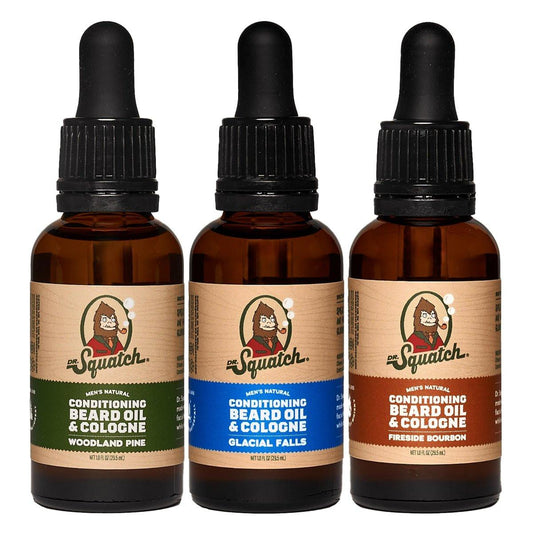 Dr. Squatch Conditioning Beard Oil & Cologne 3er-Pack – Natürliches Herren Bartöl Geschenkset – Pflegt & Feuchtigkeitsspendend – Langanhaltender Duft – Fireside Bourbon, Glacial Falls, Woodland Pine