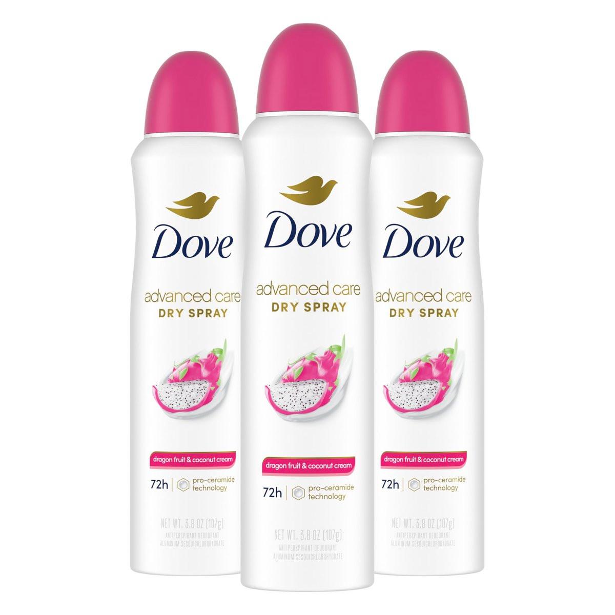 Dove Advanced Care Antiperspirant Deodorant Spray für Frauen – 3er-Pack Drachenfrucht & Kokoscreme – 72-Stunden-Schutz vor Schweiß und Geruch – 3,8 oz