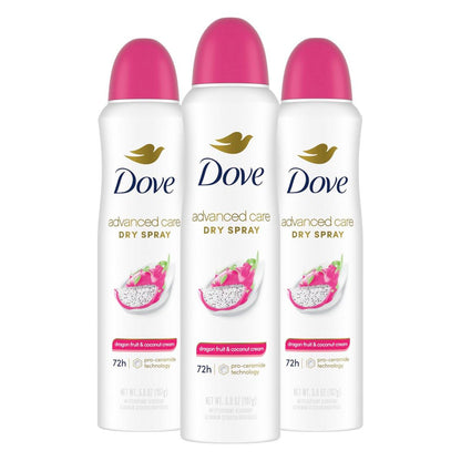 Dove Advanced Care Antiperspirant Deodorant Spray für Frauen – 3er-Pack Drachenfrucht & Kokoscreme – 72-Stunden-Schutz vor Schweiß und Geruch – 3,8 oz