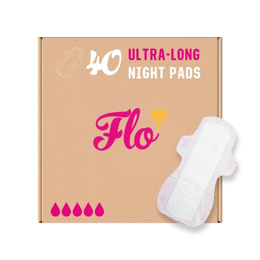 Flo Ultra Long Night Menstrual Pads, 40 Stück - Starke Saugfähigkeit, 3D Auslaufschutz, Bambusviskose, pflanzlich, vegan, tierversuchsfrei