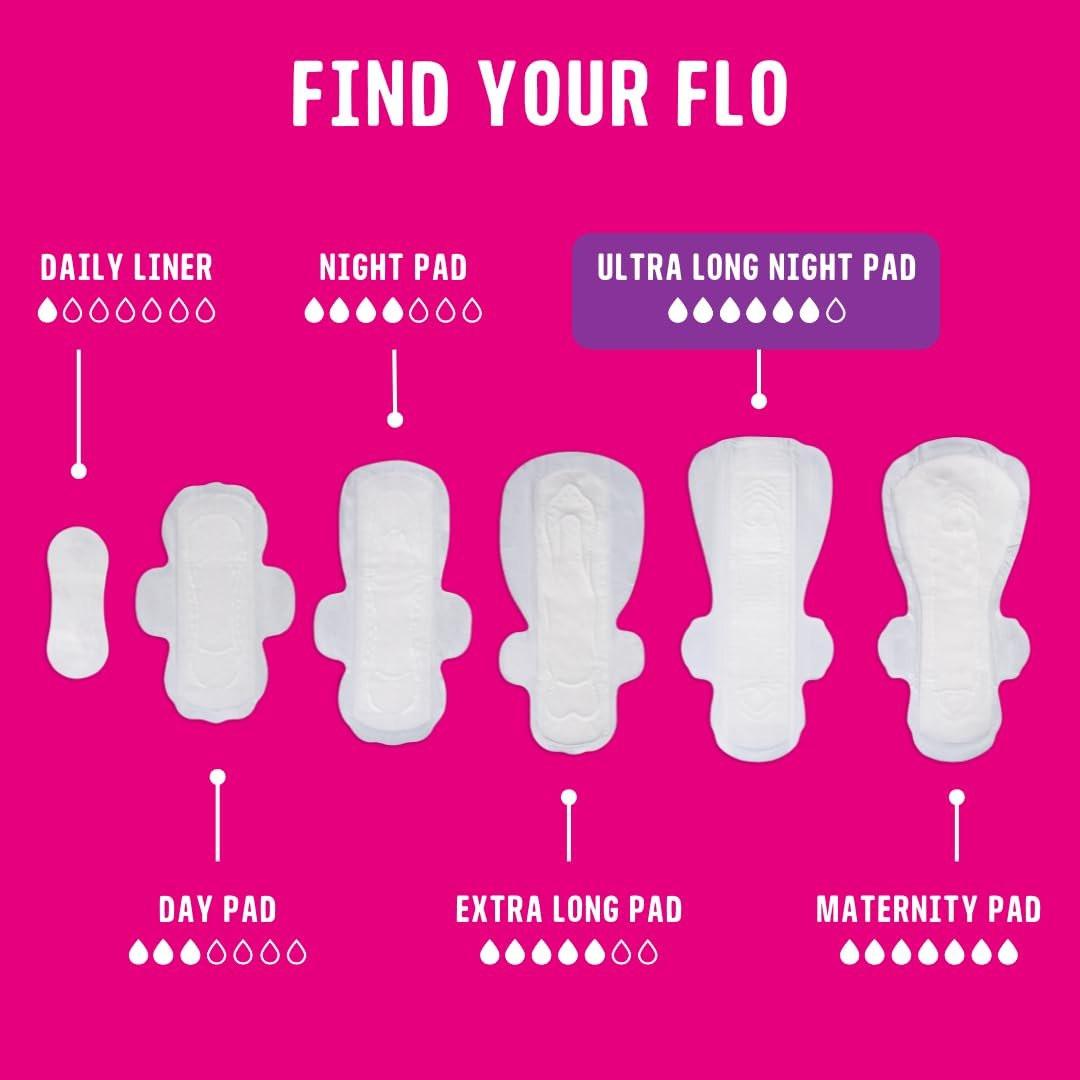 Flo Ultra Long Night Menstrual Pads, 40 Stück - Starke Saugfähigkeit, 3D Auslaufschutz, Bambusviskose, pflanzlich, vegan, tierversuchsfrei