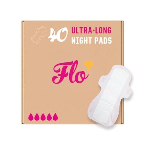 Flo Ultra Long Night Menstrual Pads, 40 Stück - Starke Saugfähigkeit, 3D Auslaufschutz, Bambusviskose, pflanzlich, vegan, tierversuchsfrei