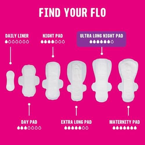 Flo Ultra Long Night Menstrual Pads, 40 Stück - Starke Saugfähigkeit, 3D Auslaufschutz, Bambusviskose, pflanzlich, vegan, tierversuchsfrei