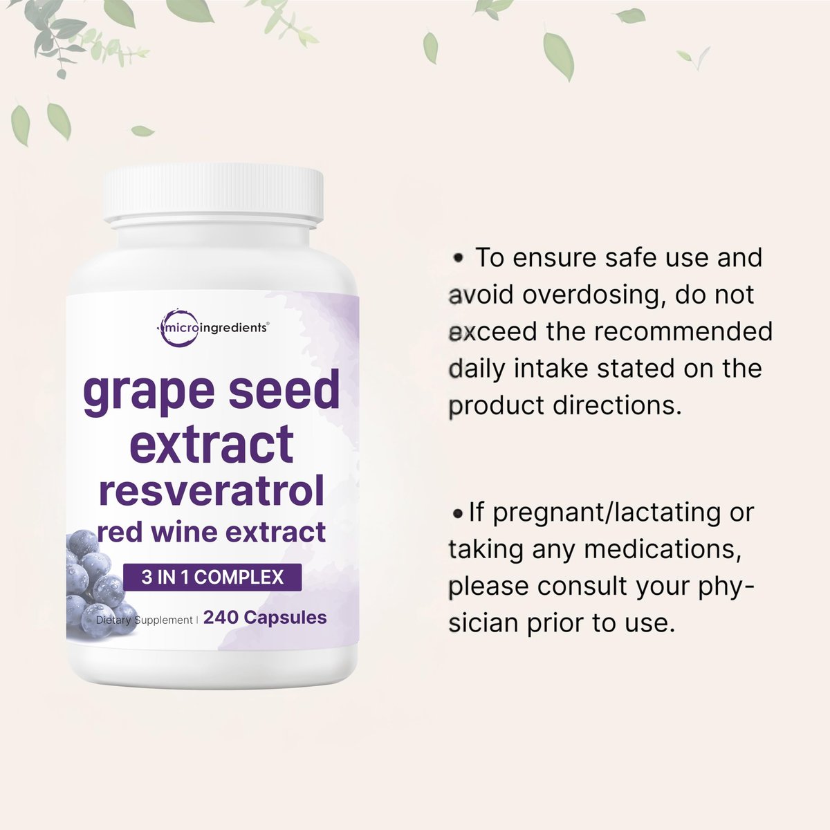 Micro Ingredients Traubenkernextrakt, 240 Kapseln | 3-in-1 Antioxidantien-Mischung mit Resveratrol & Rotwein-Extrakten | Max-Stärke-Polyphenole | Non-GMO