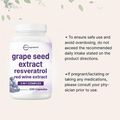 Micro Ingredients Traubenkernextrakt, 240 Kapseln | 3-in-1 Antioxidantien-Mischung mit Resveratrol & Rotwein-Extrakten | Max-Stärke-Polyphenole | Non-GMO