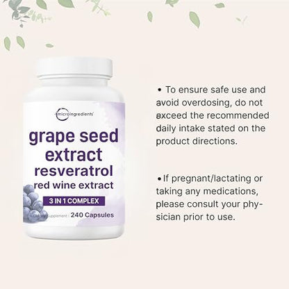Micro Ingredients Traubenkernextrakt, 240 Kapseln | 3-in-1 Antioxidantien-Mischung mit Resveratrol & Rotwein-Extrakten | Max-Stärke-Polyphenole | Non-GMO