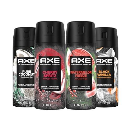 AXE Feine Duft Body Spray Sortiment 4er-Pack Touch of Sweetness - Cherry Spritz, Pure Coconut, Black Vanilla, Watermelon Freeze - Aluminiumfrei 4 oz