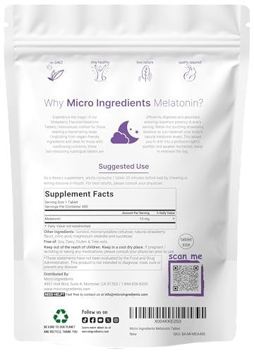 Micro Ingredients Melatonin 10 mg, 400 Tabletten | Natürlicher Erdbeergeschmack | Schnell lösend | Kein Arzneimittel | Vegetarierfreundlich | Nicht-GMO, Glutenfrei, Zuckerfrei