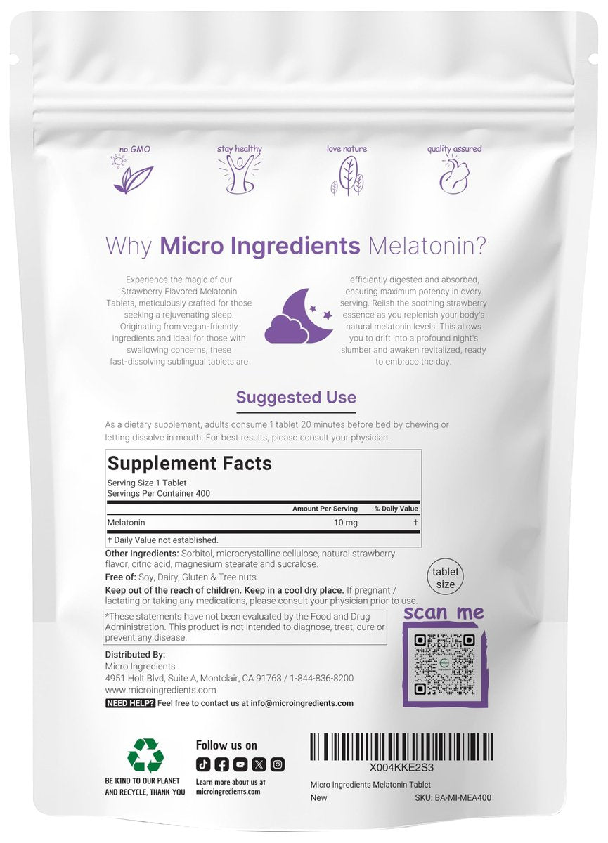 Micro Ingredients Melatonin 10 mg, 400 Tabletten | Natürlicher Erdbeergeschmack | Schnell lösend | Kein Arzneimittel | Vegetarierfreundlich | Nicht-GMO, Glutenfrei, Zuckerfrei