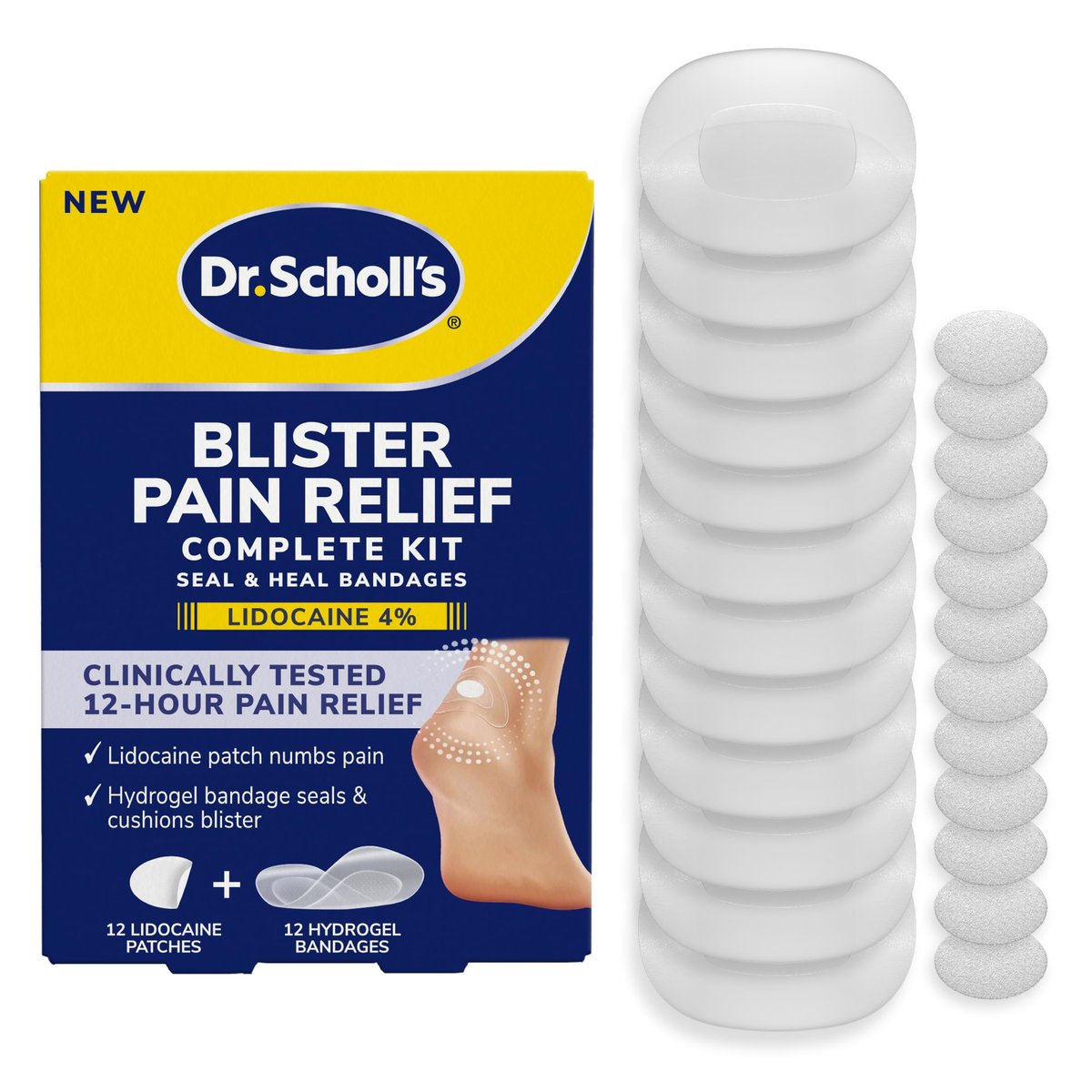 Dr. Scholl’s Blister-Schmerzlinderung Komplettset, 12 Stück – Die einzige Blasenbehandlung mit aktivem Schmerzmittel, Versiegelungs- und Heilpflaster mit Hydrogel-Technologie, Blasenpflaster, 4% Lidocain zur Betäubung von Schmerzen