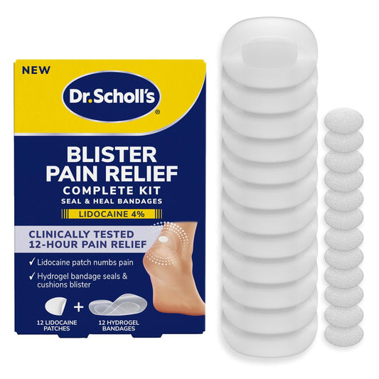 Dr. Scholl’s Blister-Schmerzlinderung Komplettset, 12 Stück – Die einzige Blasenbehandlung mit aktivem Schmerzmittel, Versiegelungs- und Heilpflaster mit Hydrogel-Technologie, Blasenpflaster, 4% Lidocain zur Betäubung von Schmerzen