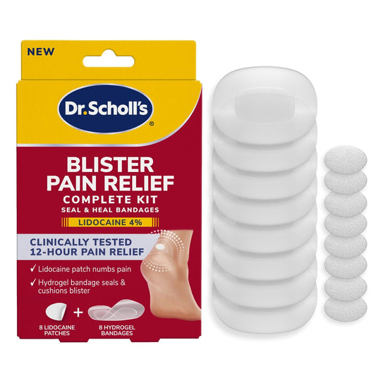 Dr. Scholl’s Blasen-Schmerzlinderung Komplettset, 8 Stück – Die einzige Blasenbehandlung mit aktivem Schmerzmittel, Dicht- und Heilpflaster mit Hydrogel-Technologie, Blasenpflaster, 4% Lidocain zur Betäubung von Schmerzen