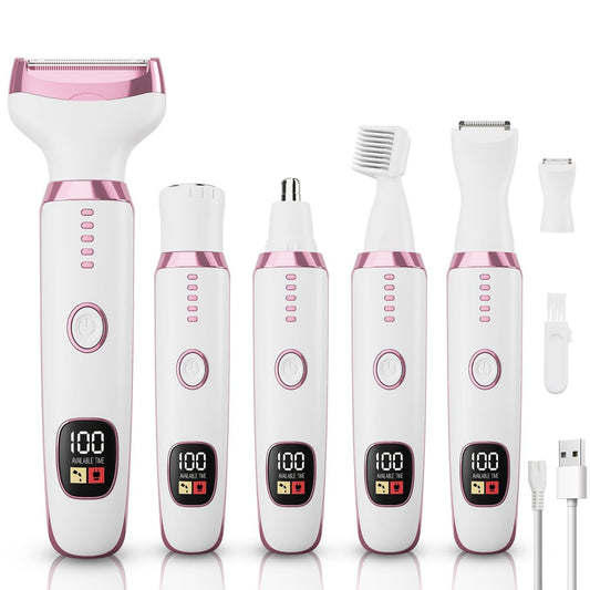 Elektrischer Rasierer für Frauen 5-in-1 – Damenrasierer, Ersatzfriseure für Gesicht & Augenbrauen, Nasenhaartrimmer, Nass-Trocken-Bikini-Trimmer für die Intimrasur, Geschenk für Frauen (Weiß)