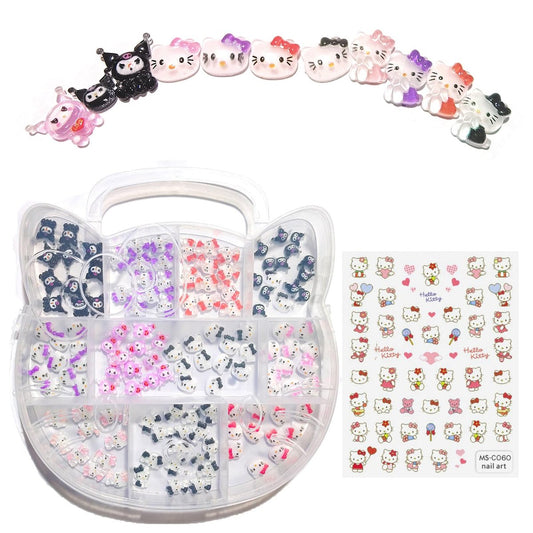 121-teiliges Set Kawaii Kitty Nagelcharms Nagelaufkleber – 3D Harz Nageldekorationen für Nagelkunst