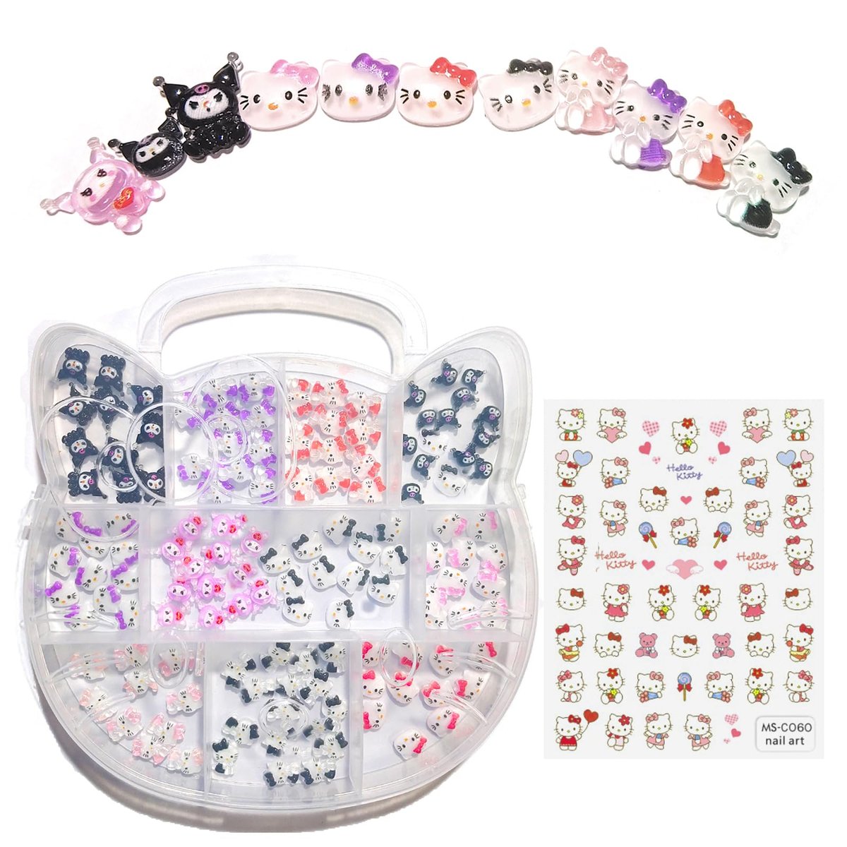 121-teiliges Set Kawaii Kitty Nagelcharms Nagelaufkleber – 3D Harz Nageldekorationen für Nagelkunst