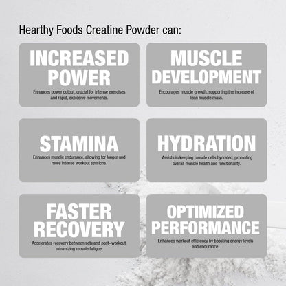 HEARTHY FOODS Creatin Monohydrat Mikronisiertes Pulver 500 g - 100 Portionen, 5000 mg pro Portion (5 g) - für Männer & Frauen Muskelwachstum & Erholung - UNGESÜSST