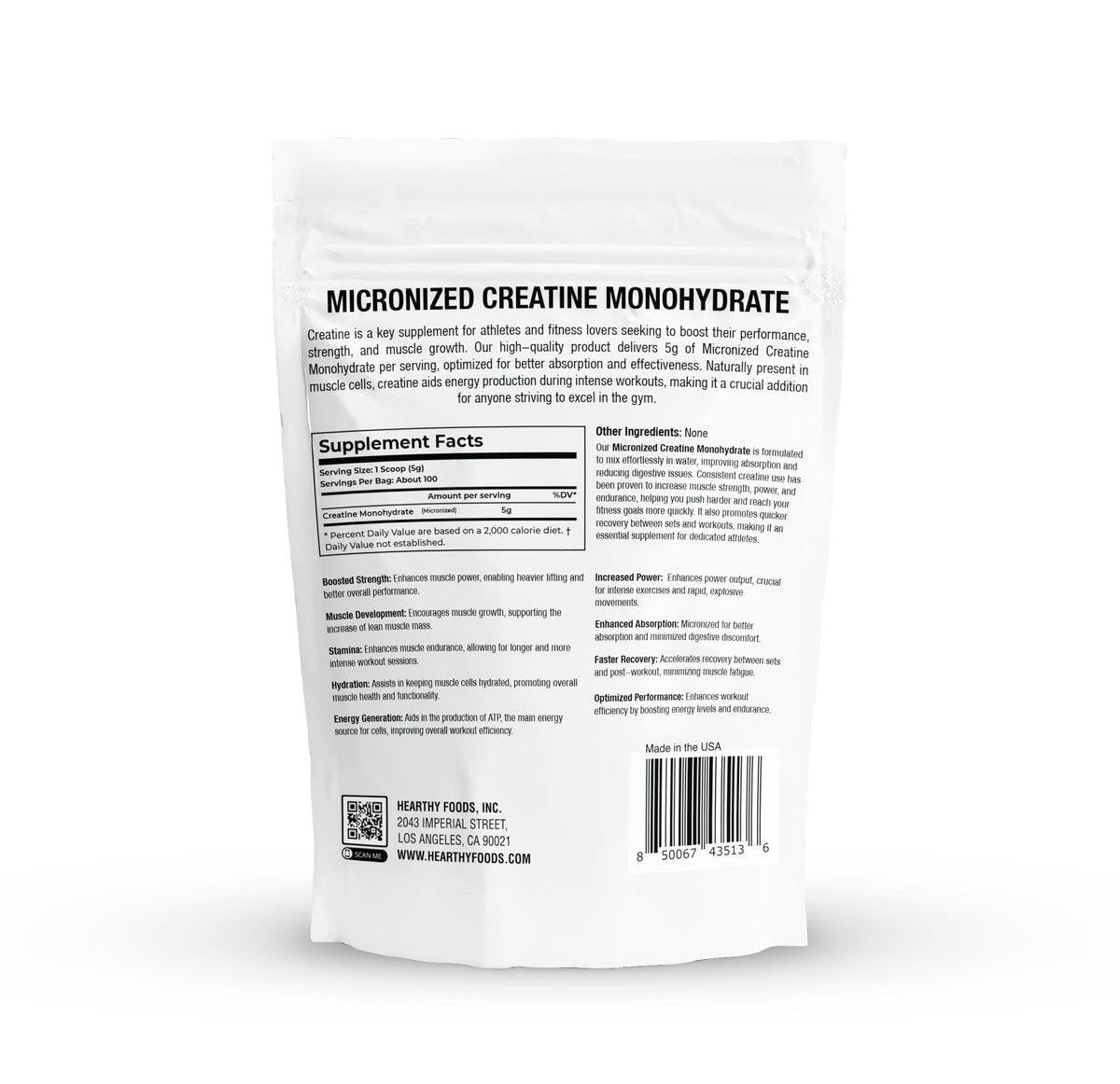 HEARTHY FOODS Creatin Monohydrat Mikronisiertes Pulver 500 g - 100 Portionen, 5000 mg pro Portion (5 g) - für Männer & Frauen Muskelwachstum & Erholung - UNGESÜSST