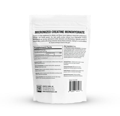HEARTHY FOODS Creatin Monohydrat Mikronisiertes Pulver 500 g - 100 Portionen, 5000 mg pro Portion (5 g) - für Männer & Frauen Muskelwachstum & Erholung - UNGESÜSST