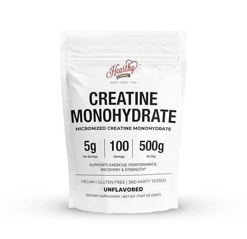 HEARTHY FOODS Creatin Monohydrat Mikronisiertes Pulver 500 g - 100 Portionen, 5000 mg pro Portion (5 g) - für Männer & Frauen Muskelwachstum & Erholung - UNGESÜSST